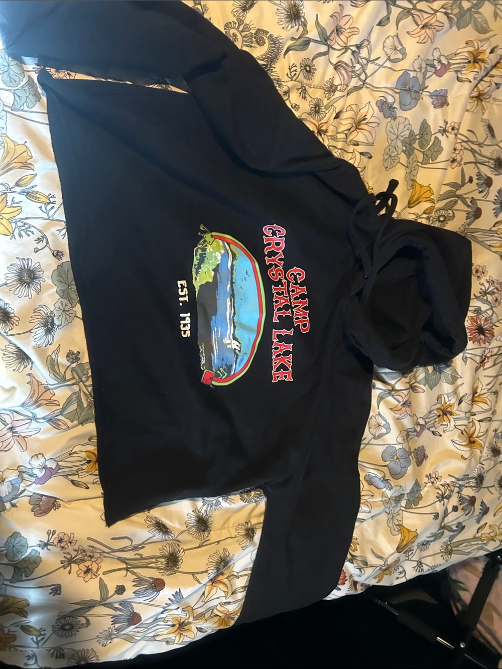Hot Topic Black Hoodie with Multicolor Camp Crystal Lake Graphic